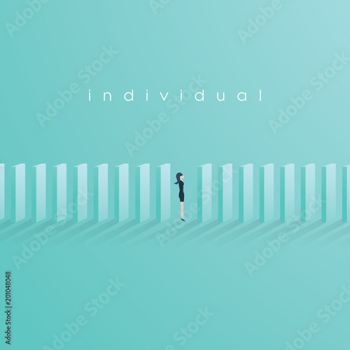Businesswoman standing between domino. Business domino effect vector concept.