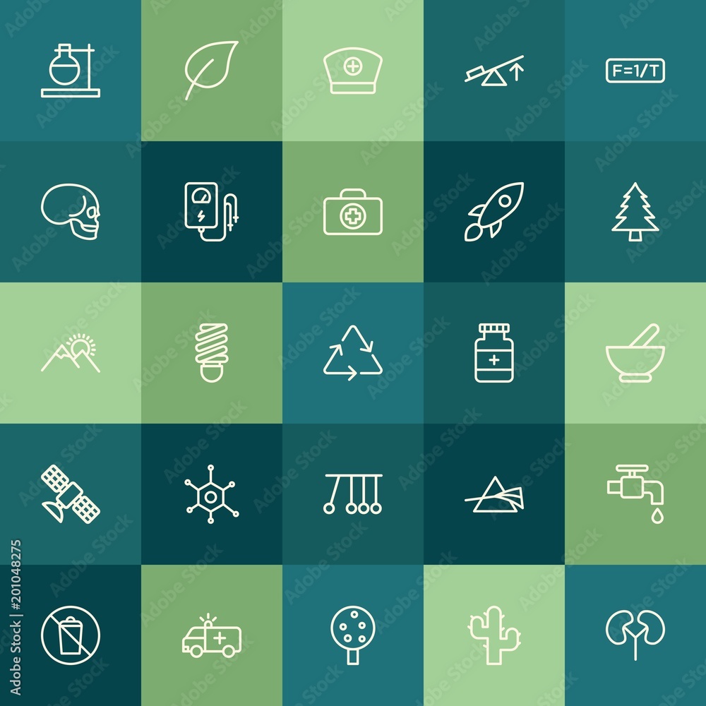 Modern Simple Set of health, science, nature Vector outline Icons. ..Contains such Icons as  chemistry,  waste,  flask,  anatomy,  fruit and more on green background. Fully Editable. Pixel Perfect.
