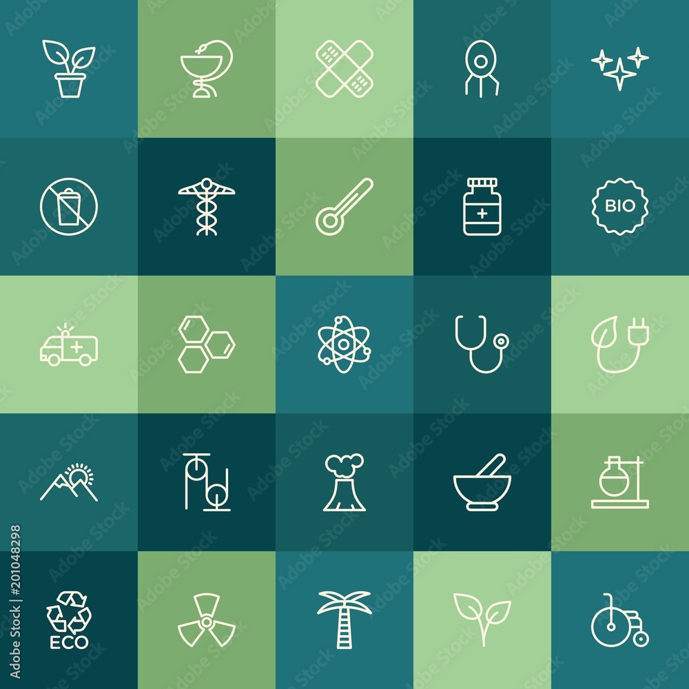 Modern Simple Set of health, science, nature Vector outline Icons. ..Contains such Icons as  virus,  room, bandaid,  sign,  experiment and more on green background. Fully Editable. Pixel Perfect.