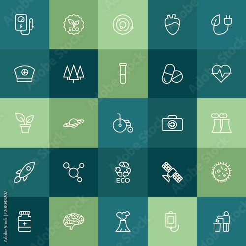 Modern Simple Set of health, science, nature Vector outline Icons. ..Contains such Icons as brain,  human,  system,  vitamin,  volcano and more on green background. Fully Editable. Pixel Perfect.