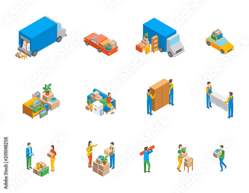 Relocation Service 3d Icons Set Isometric View. Vector