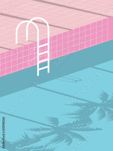 Summer pool party blank invitation poster, flyer vector template with vintage swimming pool background and steps ladder.