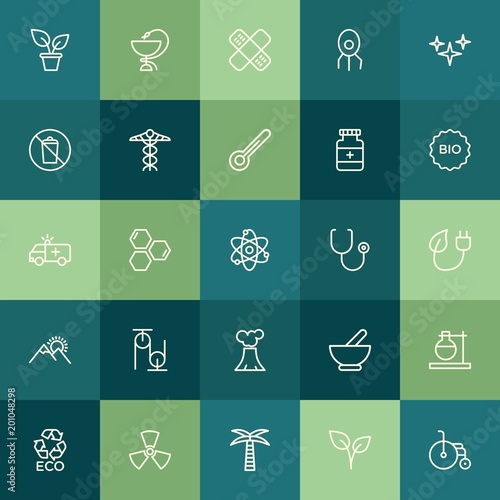 Modern Simple Set of health, science, nature Vector outline Icons. ..Contains such Icons as virus, room, bandaid, sign, experiment and more on green background. Fully Editable. Pixel Perfect.