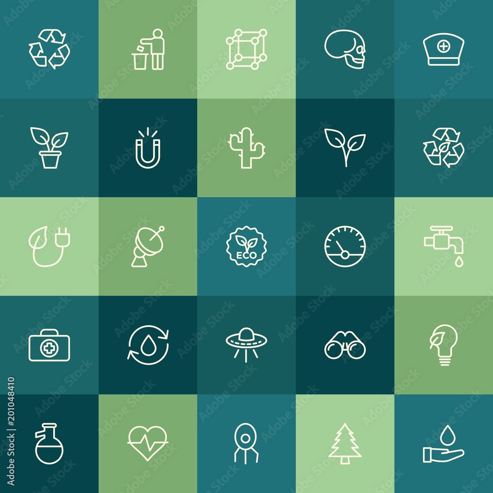 Modern Simple Set of health, science, nature Vector outline Icons. ..Contains such Icons as  chemistry,  garbage, water,  dish,  wood,  lab and more on green background. Fully Editable. Pixel Perfect.