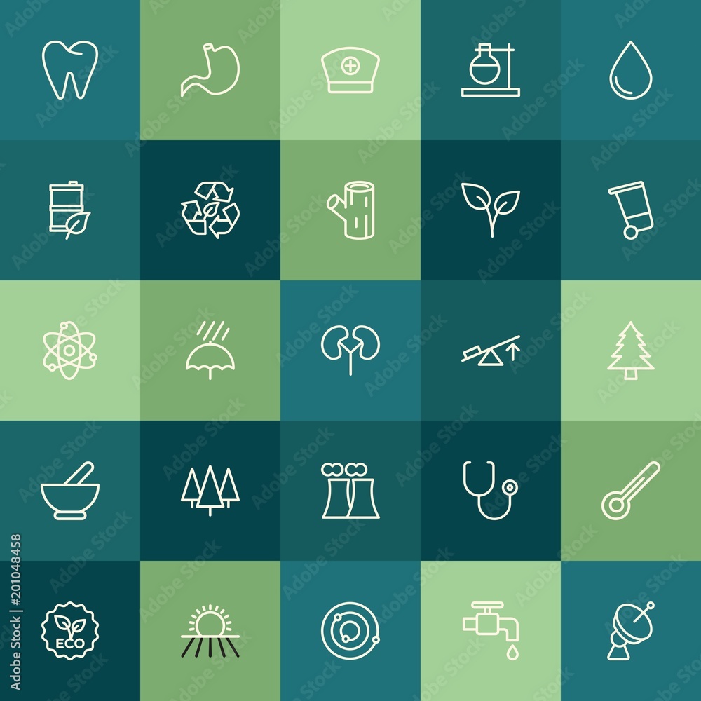 Modern Simple Set of health, science, nature Vector outline Icons. ..Contains such Icons as  care,  nature,  solar, dental, satellite,  eco and more on green background. Fully Editable. Pixel Perfect.