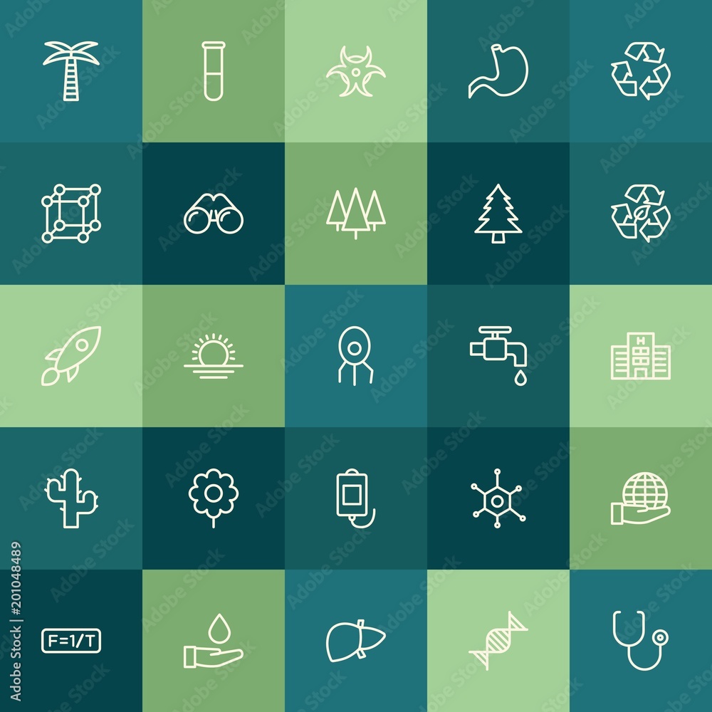 Modern Simple Set of health, science, nature Vector outline Icons. ..Contains such Icons as  background, formula,  sunrise,  danger,  tree and more on green background. Fully Editable. Pixel Perfect.