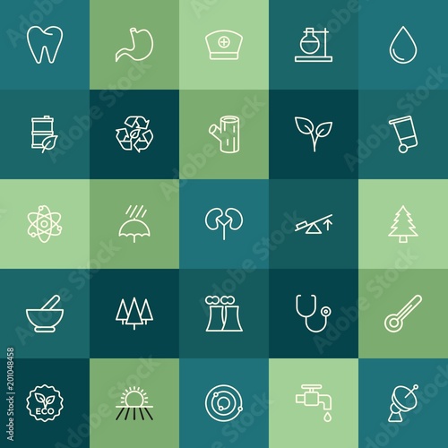 Modern Simple Set of health, science, nature Vector outline Icons. ..Contains such Icons as care, nature, solar, dental, satellite, eco and more on green background. Fully Editable. Pixel Perfect.
