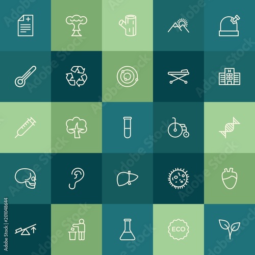 Modern Simple Set of health, science, nature Vector outline Icons. ..Contains such Icons as smoke, bacteria, human, leaf, heart, tree and more on green background. Fully Editable. Pixel Perfect.
