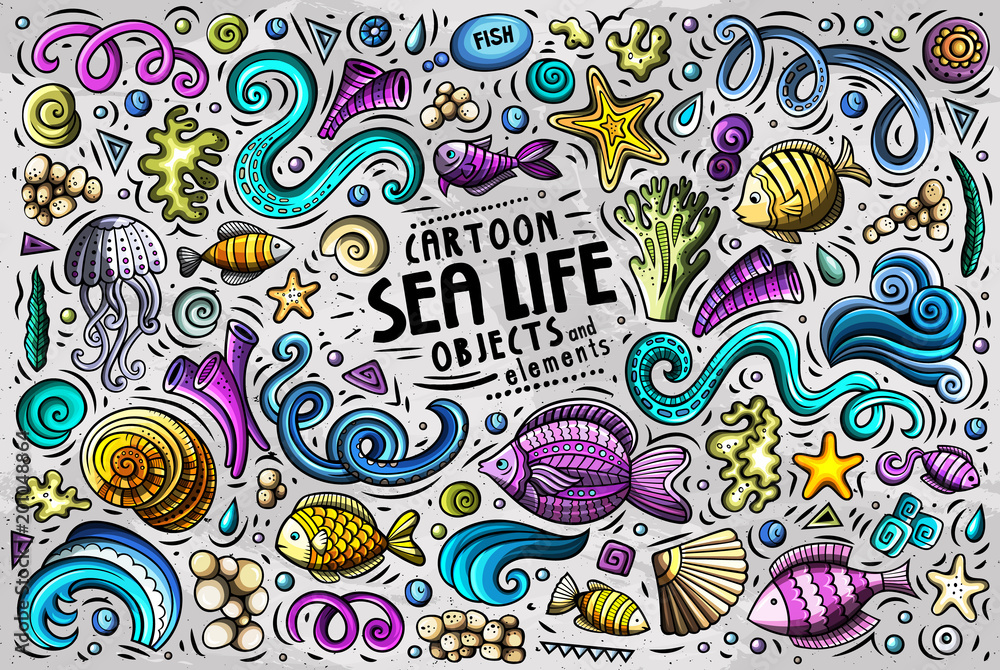 Doodle cartoon set of Sea Life objects and symbols Doodle cartoon set of Sea Life objects and symbols