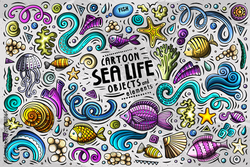 Doodle cartoon set of Sea Life objects and symbols