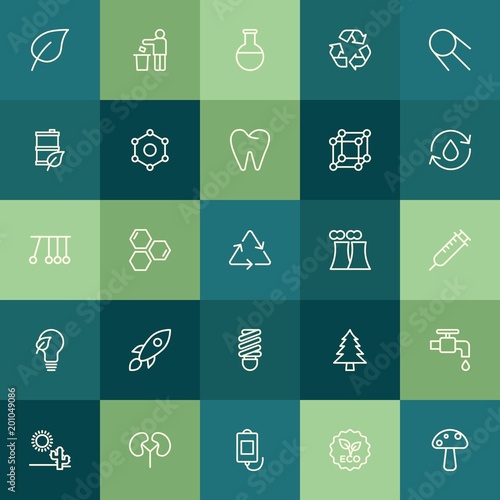 Modern Simple Set of health, science, nature Vector outline Icons. ..Contains such Icons as lab, symbol, leaf, drop, recycle, dry and more on green background. Fully Editable. Pixel Perfect.