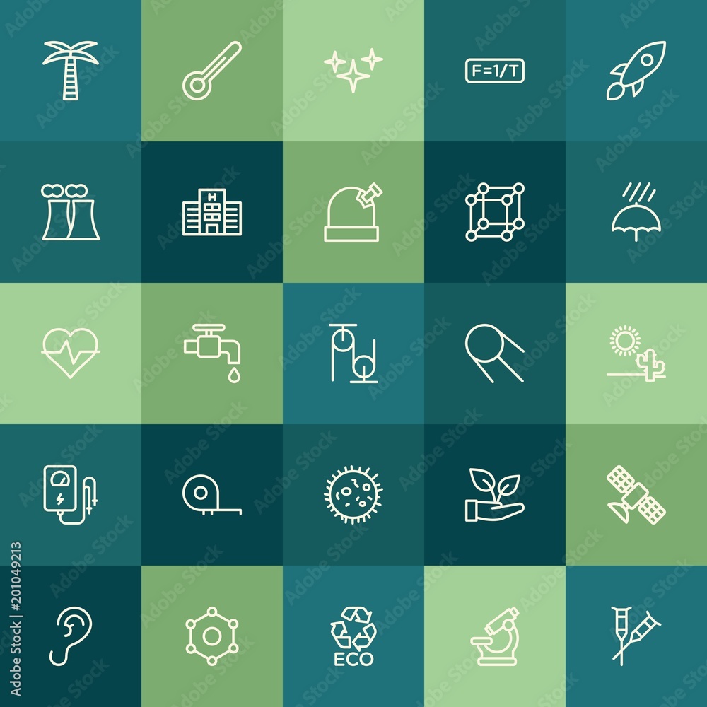 Modern Simple Set of health, science, nature Vector outline Icons. ..Contains such Icons as  technology, satellite,  biology,  space, atom and more on green background. Fully Editable. Pixel Perfect.