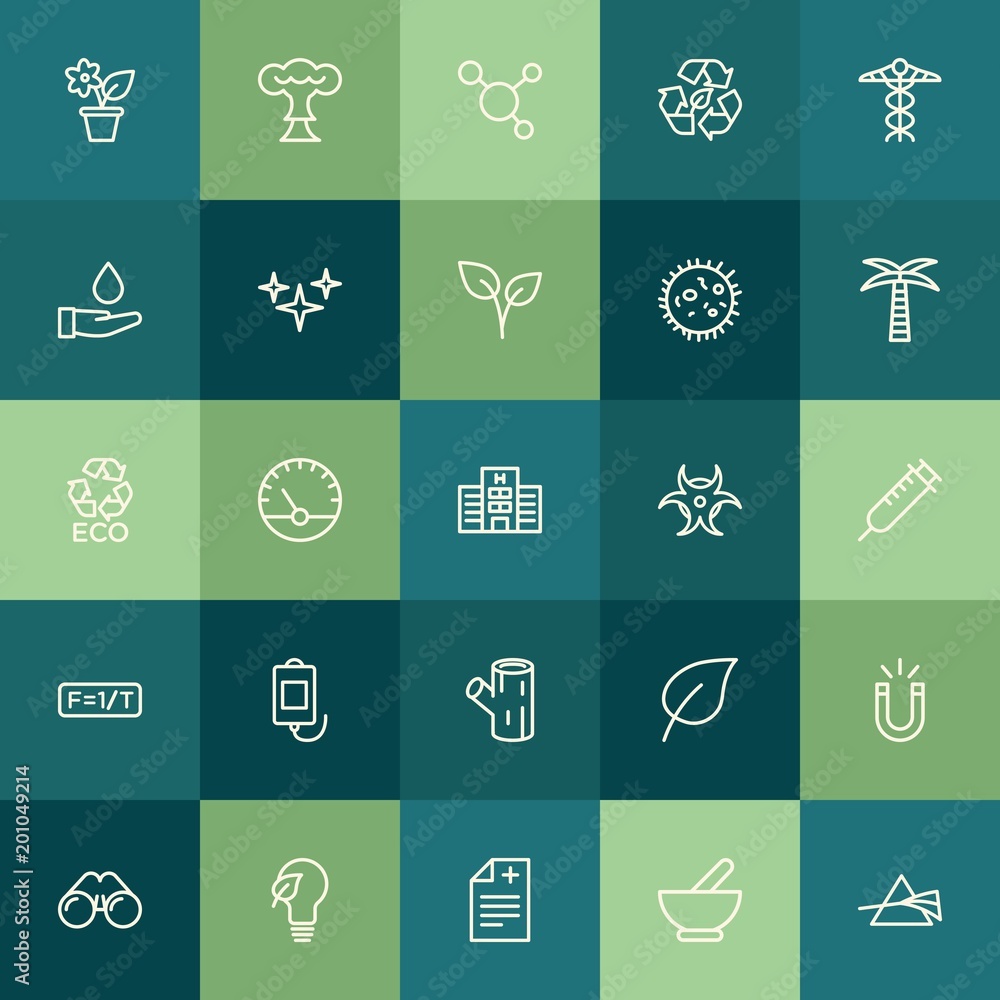 Modern Simple Set of health, science, nature Vector outline Icons. ..Contains such Icons as  floral, prescription,  plant, magnetic,  power and more on green background. Fully Editable. Pixel Perfect.