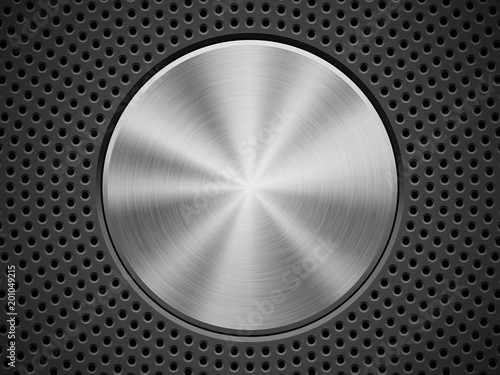 Black technology background with circle perforated pattern, bevels and metal circular polished brushed texture for design concepts, wallpapers, web, presentations, prints. Vector illustration.