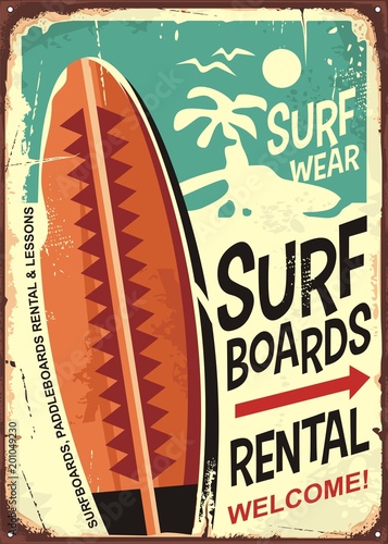 Surfboards rentals retro tin sign design on old rusty background. Tropical paradise poster. 