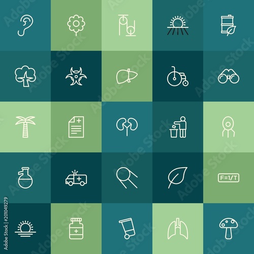 Modern Simple Set of health, science, nature Vector outline Icons. ..Contains such Icons as fresh, sunrise, food, background, recycling and more on green background. Fully Editable. Pixel Perfect.
