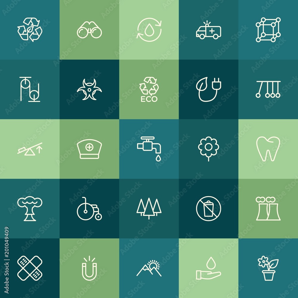Modern Simple Set of health, science, nature Vector outline Icons. ..Contains such Icons as  healthcare, sunrise,  magnet,  nature,  health and more on green background. Fully Editable. Pixel Perfect.