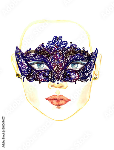 Face with black lace mask, blue eyes, beautiful sensitive lips, hand painted watercolor fashion illustration isolated on white background