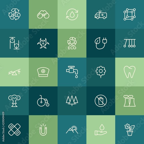 Modern Simple Set of health, science, nature Vector outline Icons. ..Contains such Icons as healthcare, sunrise, magnet, nature, health and more on green background. Fully Editable. Pixel Perfect.