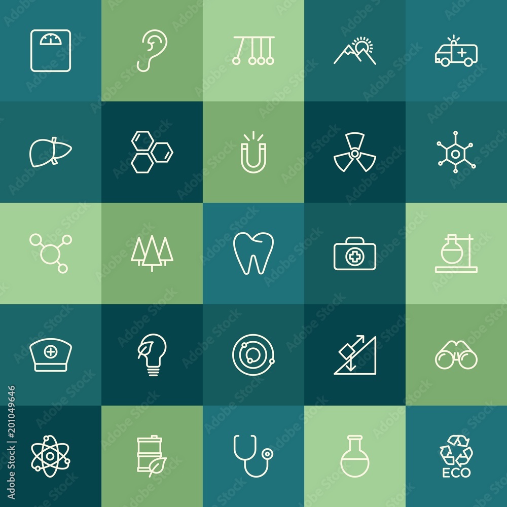 Modern Simple Set of health, science, nature Vector outline Icons. ..Contains such Icons as doctor, fuel,  chemistry,  motion, ecology, ear and more on green background. Fully Editable. Pixel Perfect.