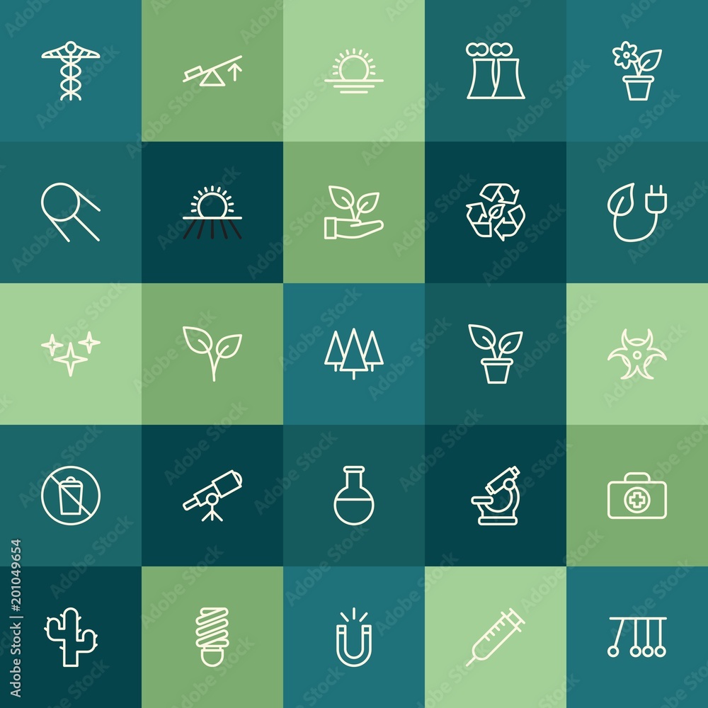 Modern Simple Set of health, science, nature Vector outline Icons. ..Contains such Icons as  magnetism, cactus,  syringe,  bulb,  metal and more on green background. Fully Editable. Pixel Perfect.