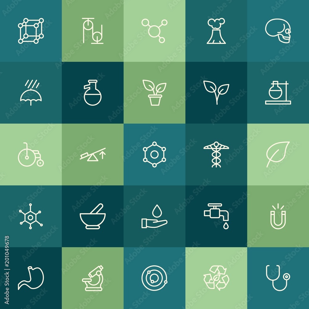 Fototapeta premium Modern Simple Set of health, science, nature Vector outline Icons. ..Contains such Icons as isolated, lever, ecology, water, vector and more on green background. Fully Editable. Pixel Perfect.