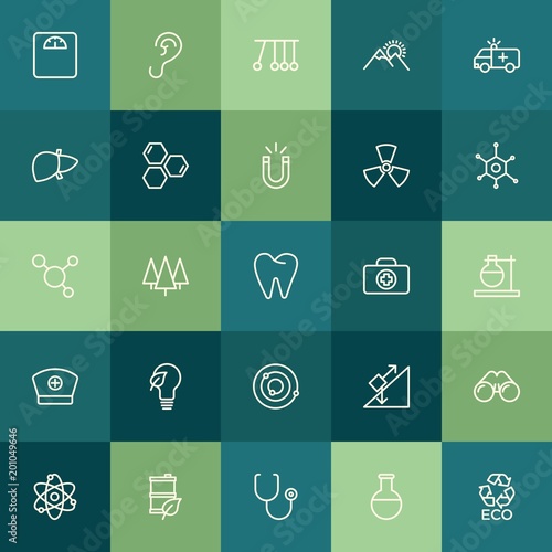 Modern Simple Set of health, science, nature Vector outline Icons. ..Contains such Icons as doctor, fuel, chemistry, motion, ecology, ear and more on green background. Fully Editable. Pixel Perfect.