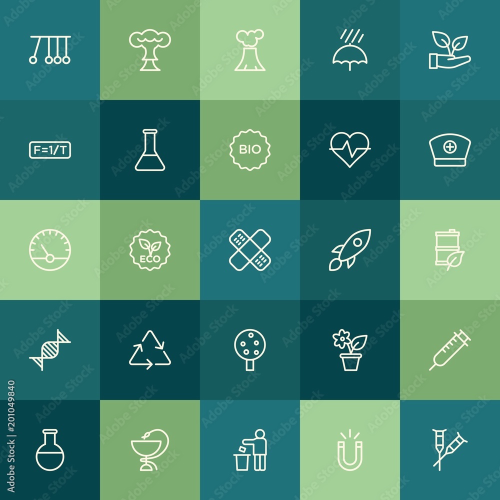 Modern Simple Set of health, science, nature Vector outline Icons. ..Contains such Icons as  color, landscape,  disability,  drug,  physics and more on green background. Fully Editable. Pixel Perfect.