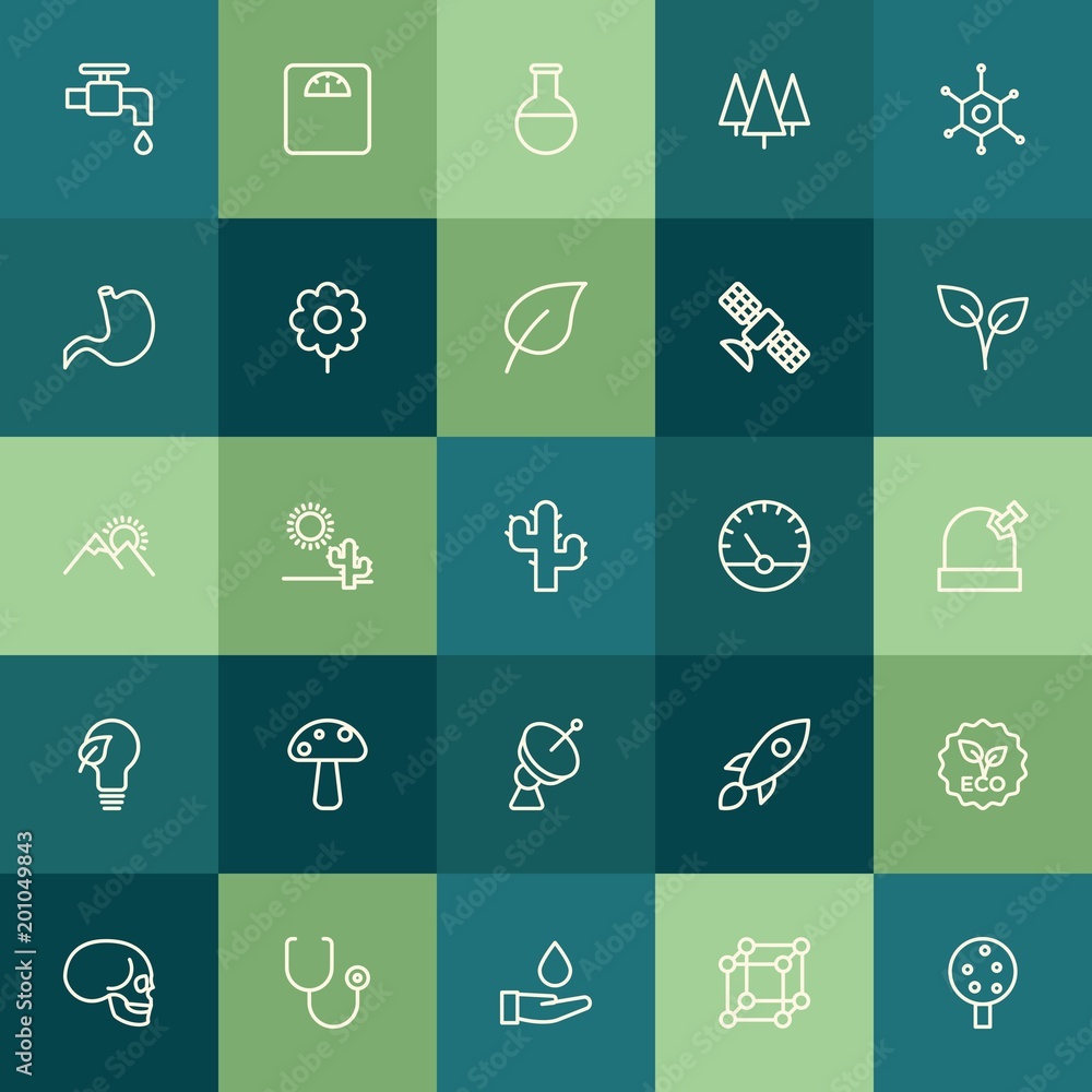 Modern Simple Set of health, science, nature Vector outline Icons. ..Contains such Icons as  organic,  medical, weight, forest,  spaceship and more on green background. Fully Editable. Pixel Perfect.