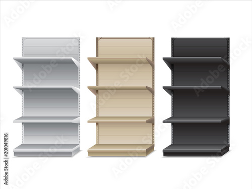 Black , White, brown Long Blank Empty Showcase Displays With Retail Shelves Products On White Background Isolated.