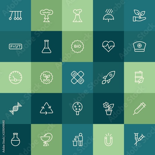 Modern Simple Set of health, science, nature Vector outline Icons. ..Contains such Icons as color, landscape, disability, drug, physics and more on green background. Fully Editable. Pixel Perfect.