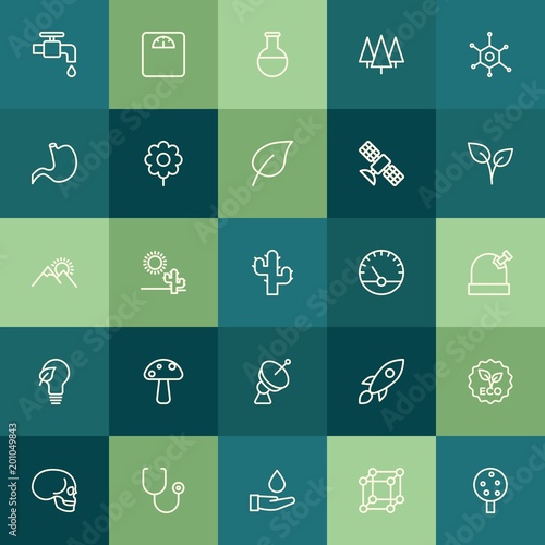 Modern Simple Set of health, science, nature Vector outline Icons. ..Contains such Icons as organic, medical, weight, forest, spaceship and more on green background. Fully Editable. Pixel Perfect.