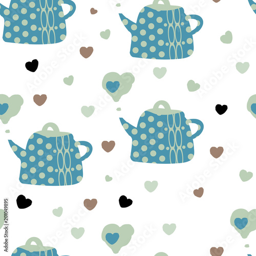 Abstract vector seamless pattern with teapots and little hearts