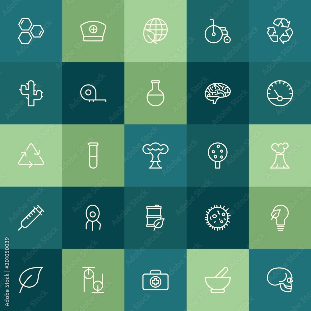 Modern Simple Set of health, science, nature Vector outline Icons. ..Contains such Icons as global,  save, pulley,  disabled,  lab,  doctor and more on green background. Fully Editable. Pixel Perfect.