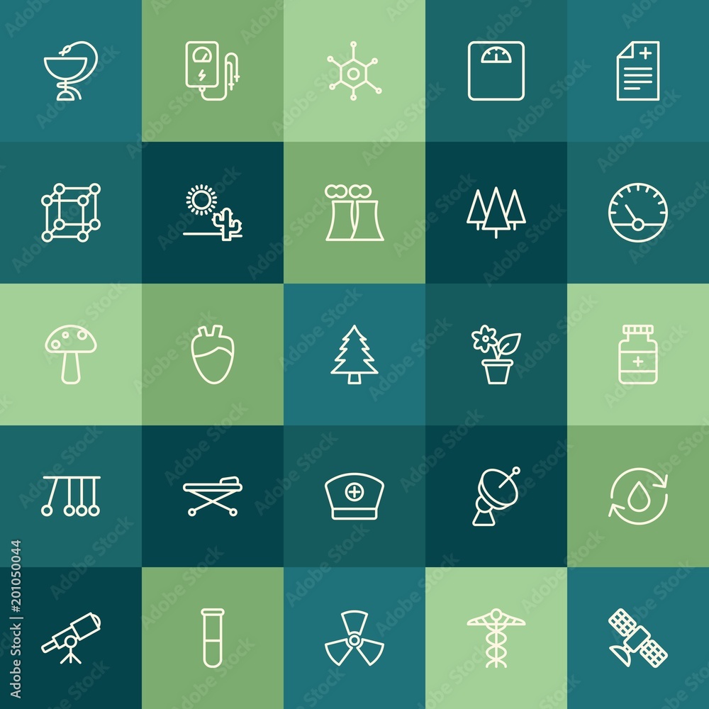 Modern Simple Set of health, science, nature Vector outline Icons. ..Contains such Icons as weight,  health, electrical,  electricity,  lab and more on green background. Fully Editable. Pixel Perfect.