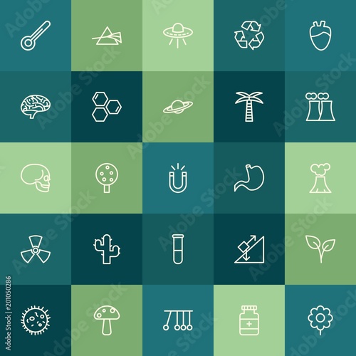 Modern Simple Set of health, science, nature Vector outline Icons. ..Contains such Icons as summer, celsius, pharmacy, physics, prism and more on green background. Fully Editable. Pixel Perfect.
