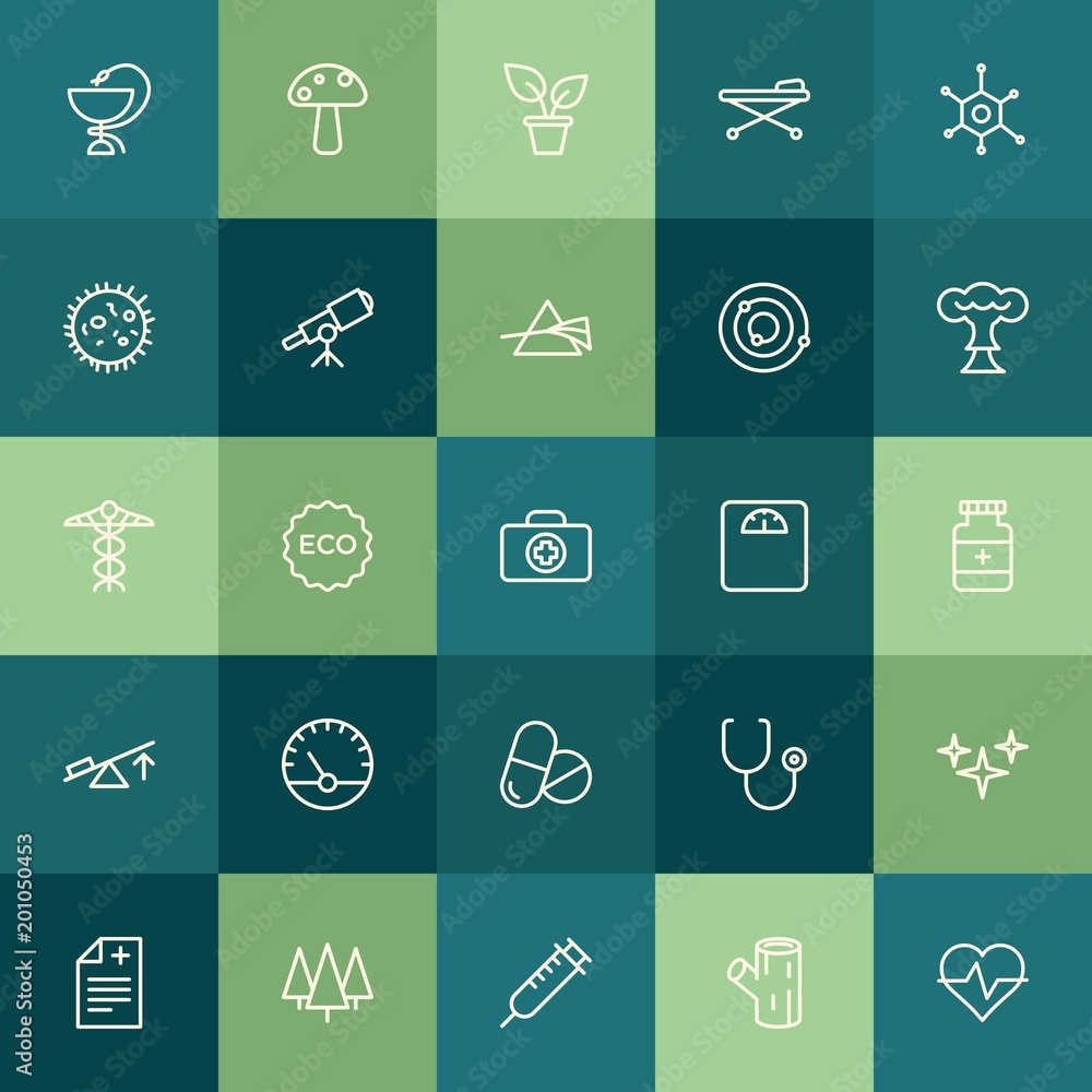 Modern Simple Set of health, science, nature Vector outline Icons. ..Contains such Icons as eco,  fresh,  wooden,  medicine, forest, doctor and more on green background. Fully Editable. Pixel Perfect.