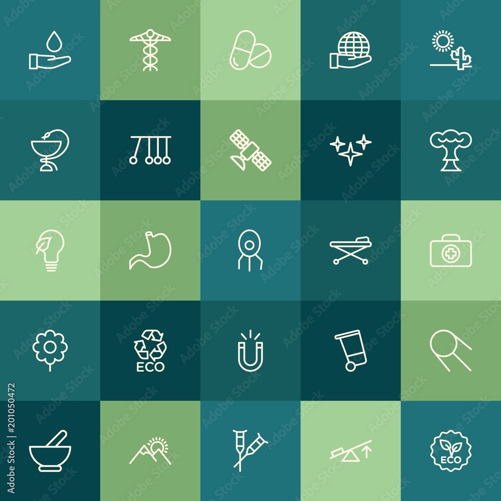 Modern Simple Set of health, science, nature Vector outline Icons. ..Contains such Icons as space, health,  concept,  astronomy,  universe and more on green background. Fully Editable. Pixel Perfect.
