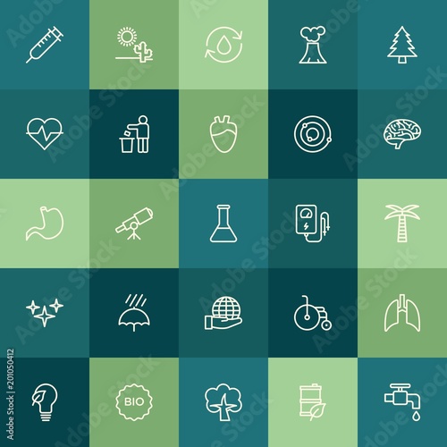 Modern Simple Set of health, science, nature Vector outline Icons. ..Contains such Icons as girl, telescope, water, health, drop, icon and more on green background. Fully Editable. Pixel Perfect.