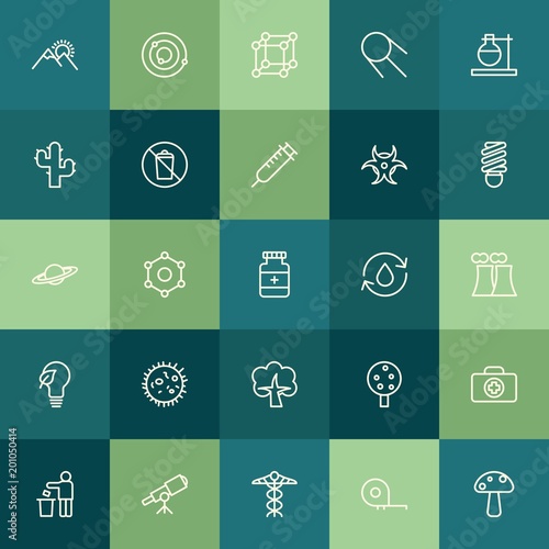 Modern Simple Set of health, science, nature Vector outline Icons. ..Contains such Icons as symbol, waste, kit, molecular, system, space and more on green background. Fully Editable. Pixel Perfect.