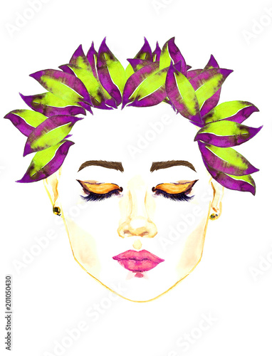 Face with closed eyes with golden makeup, floral purple and green leaves hairstyle, hand painted watercolor fashion illustration isolated on white 