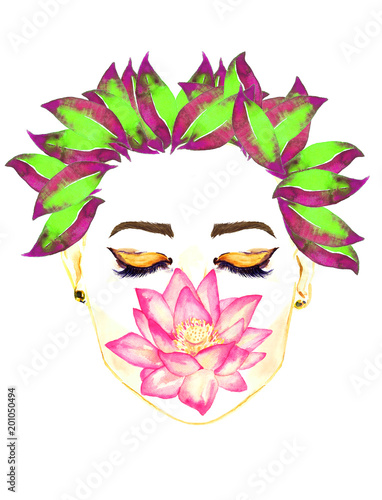 Fototapeta Naklejka Na Ścianę i Meble -  Face with closed eyes with golden makeup , pink lotus flower holding by lips, floral purple and green leaves hairstyle, hand painted watercolor fashion illustration isolated on white 