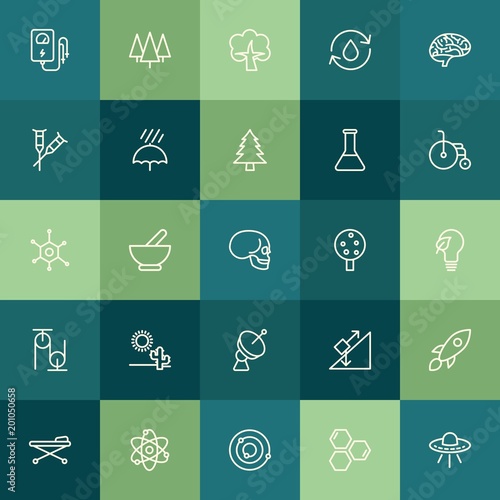 Modern Simple Set of health, science, nature Vector outline Icons. ..Contains such Icons as molecule, inclined, forest, plant, physics and more on green background. Fully Editable. Pixel Perfect.