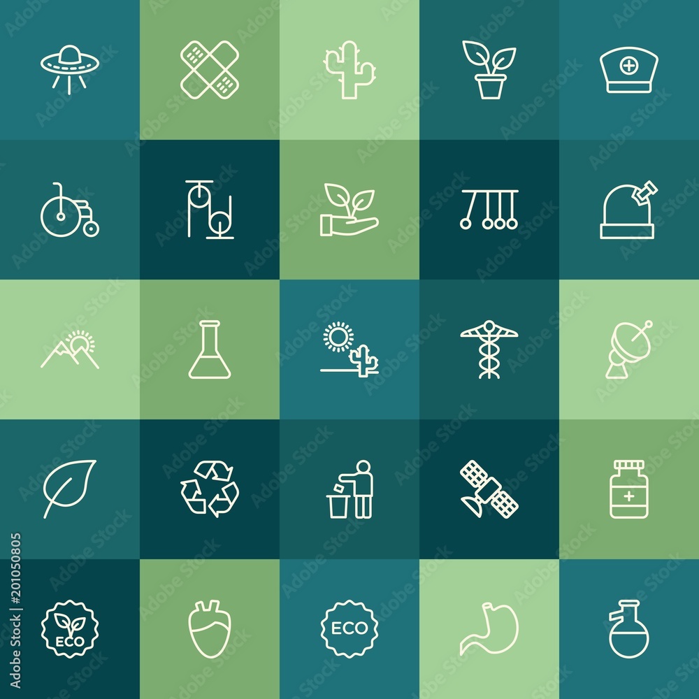 Modern Simple Set of health, science, nature Vector outline Icons. ..Contains such Icons as stomach,  desert,  lab, bandaid, interior, ufo and more on green background. Fully Editable. Pixel Perfect.
