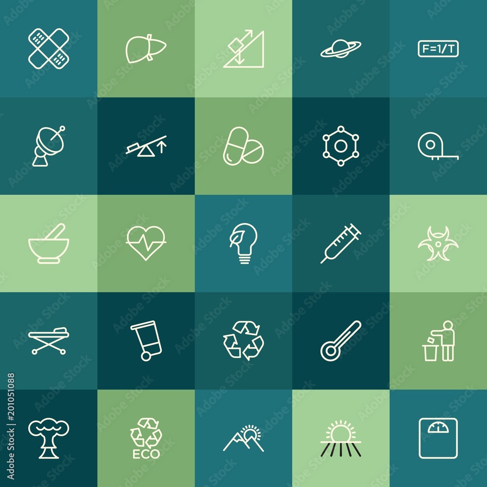 Modern Simple Set of health, science, nature Vector outline Icons. ..Contains such Icons as thermometer,  color, abstract, bandaid,  health and more on green background. Fully Editable. Pixel Perfect.