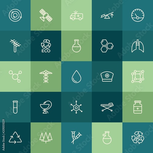 Modern Simple Set of health, science, nature Vector outline Icons. ..Contains such Icons as nature, space, laboratory, crutch, planet and more on green background. Fully Editable. Pixel Perfect.