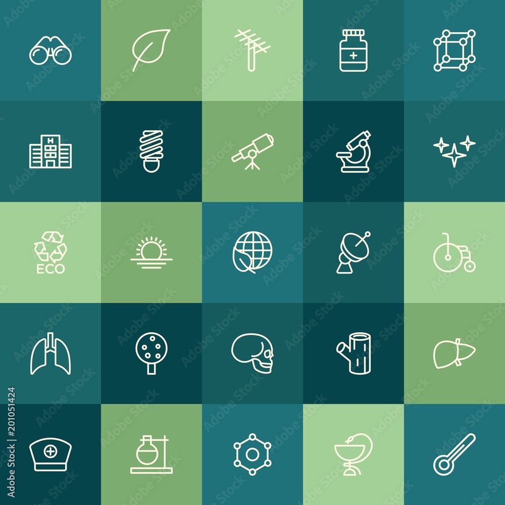 Modern Simple Set of health, science, nature Vector outline Icons. ..Contains such Icons as  experiment,  scale, sunset,  texture, wood and more on green background. Fully Editable. Pixel Perfect.