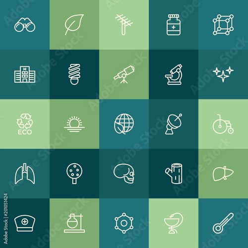 Modern Simple Set of health, science, nature Vector outline Icons. ..Contains such Icons as experiment, scale, sunset, texture, wood and more on green background. Fully Editable. Pixel Perfect.