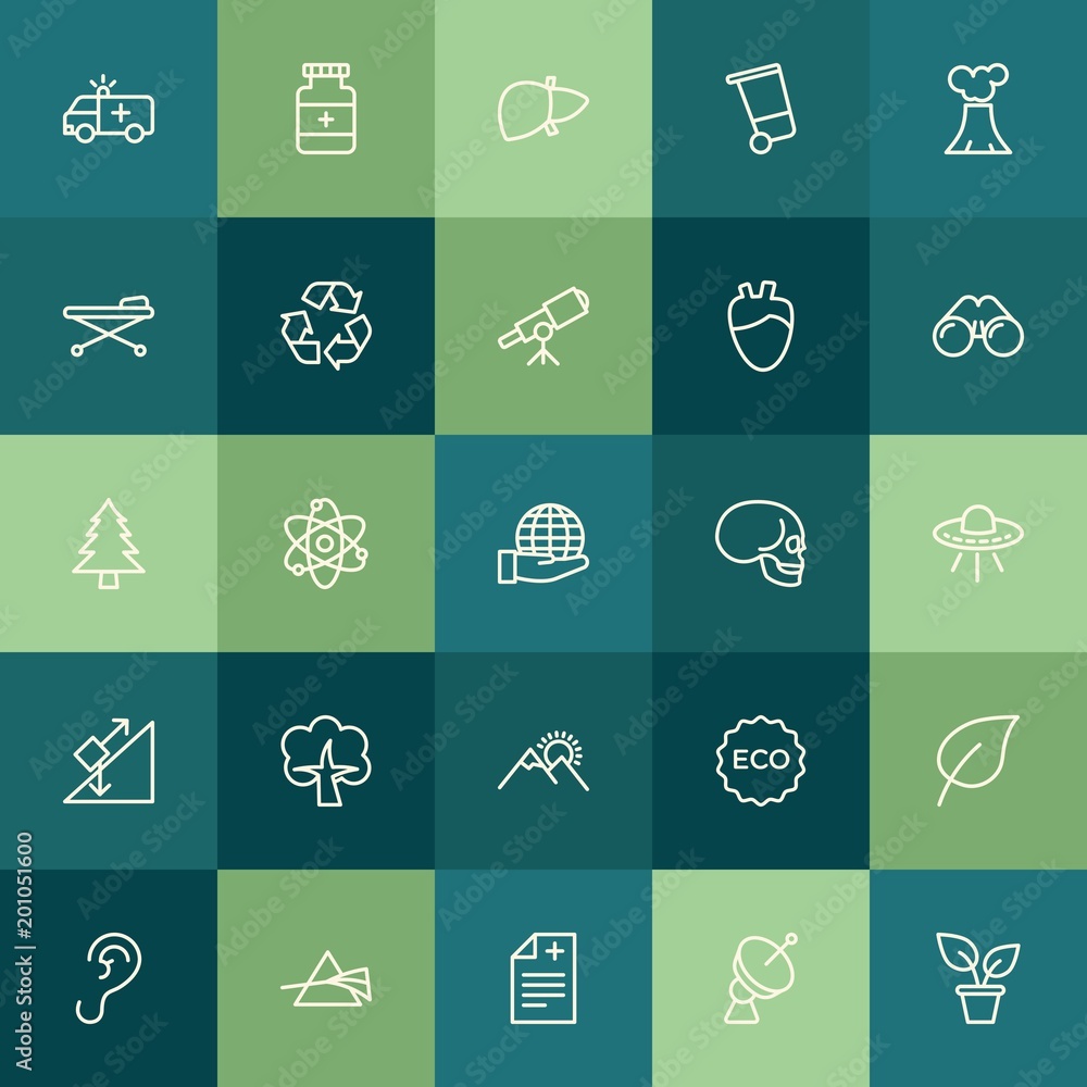 Modern Simple Set of health, science, nature Vector outline Icons. ..Contains such Icons as science,  molecular, eco,  medicine, plant, ear and more on green background. Fully Editable. Pixel Perfect.
