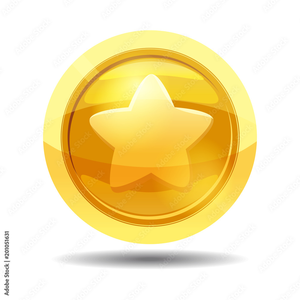 Game coin with star, game interface, gold, vector, cartoon style, isolated Game coin with star, game interface, gold, vector, cartoon style, isolated